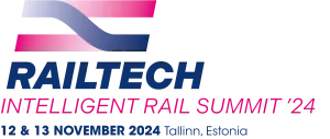 Logo for RailTech Intelligent Rail Summit '24 in Tallinn, Estonia, with dates 12 & 13 November 2024. Features pink and blue stylized train tracks above the text.