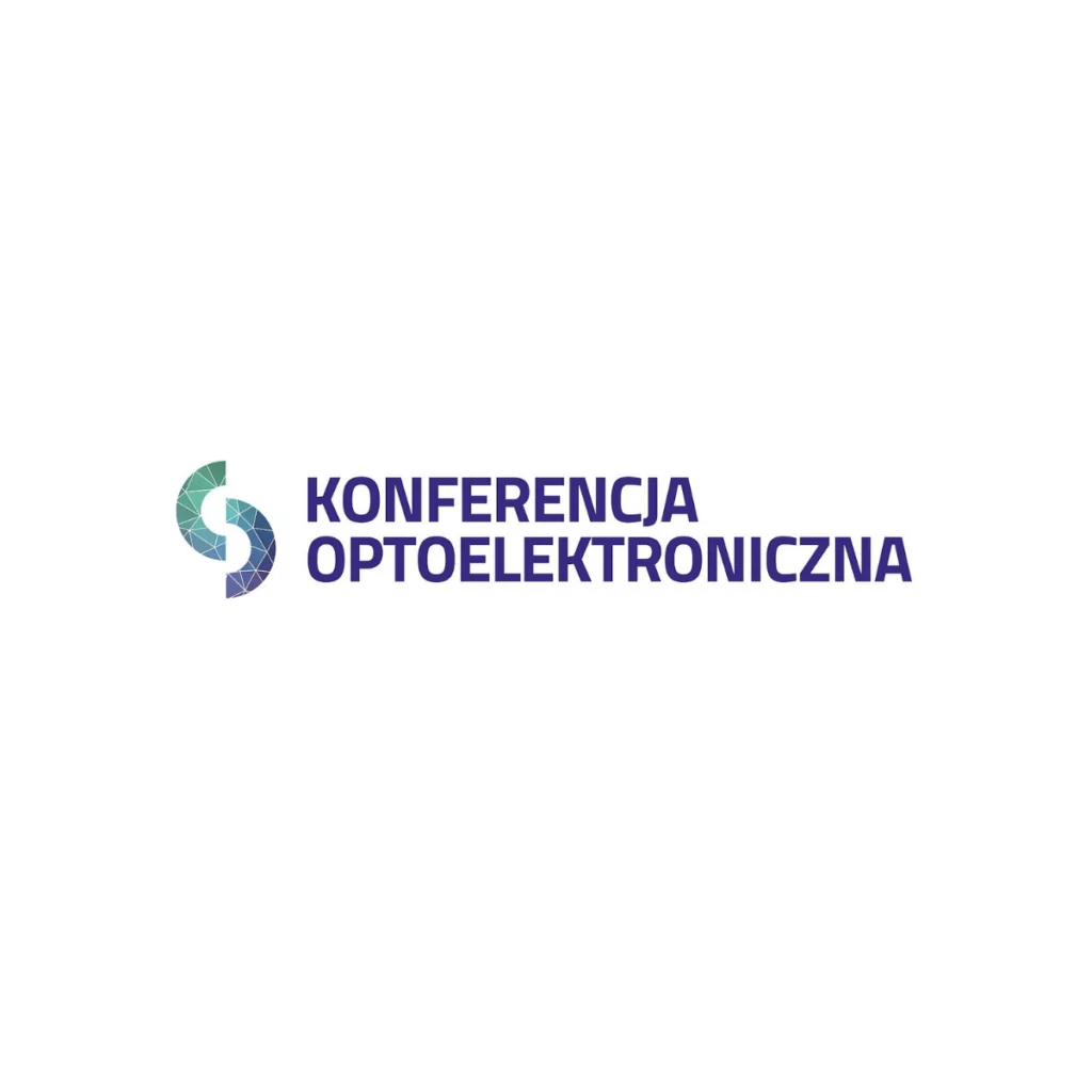 Logo with a circular design on the left, featuring green and blue colors, followed by the text "Konferencja Optoelektroniczna" in purple on a white background.