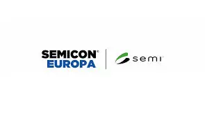 Logo for SEMICON Europa 2023, featuring the text "SEMICON EUROPA" in black and blue, and the "semi" logo with a green leaf design to the right. Both are separated by a vertical line.