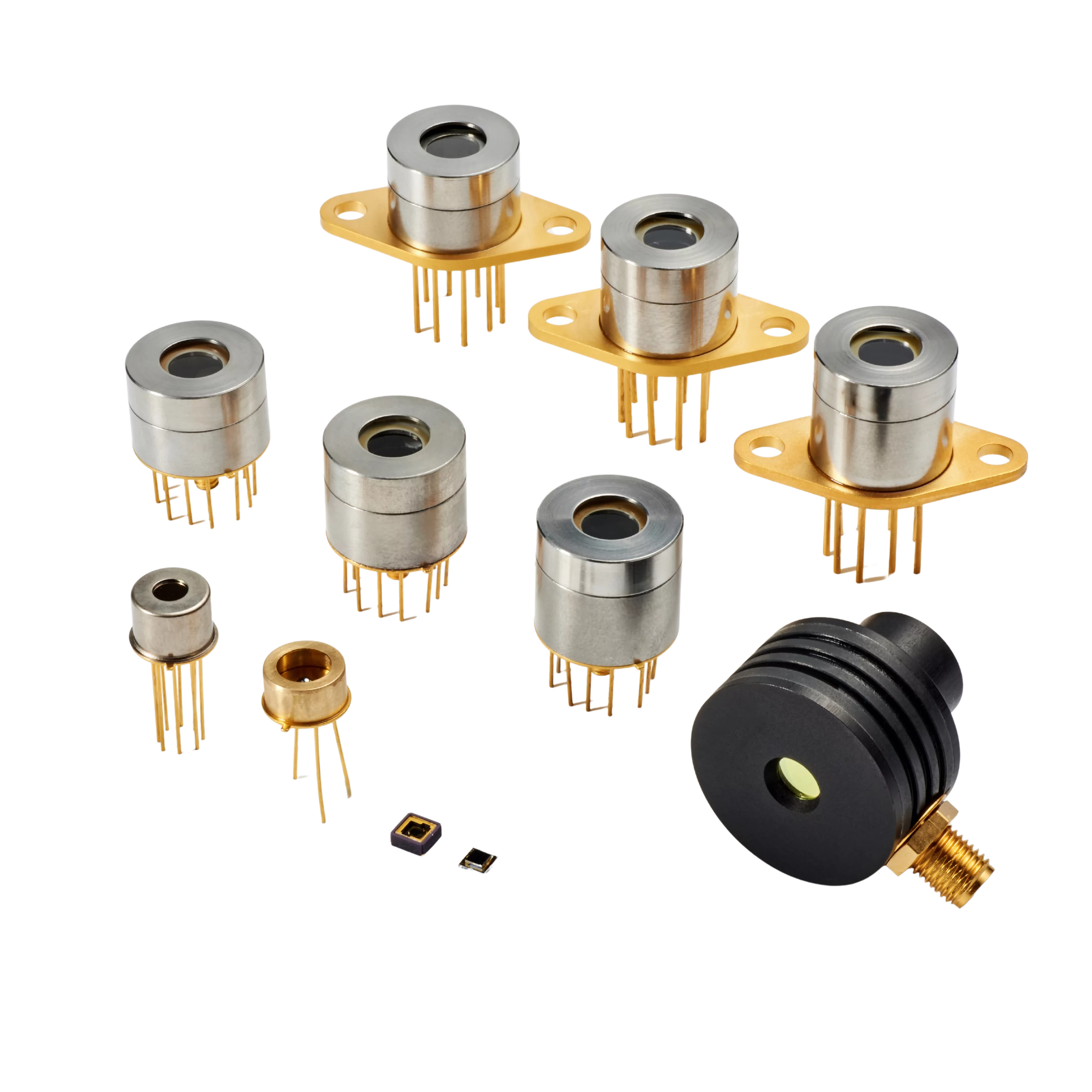 A collection of various infrared detectors on a white background, featuring cylindrical metal and gold-colored parts with multiple pins, and a black cylindrical object with a connector.