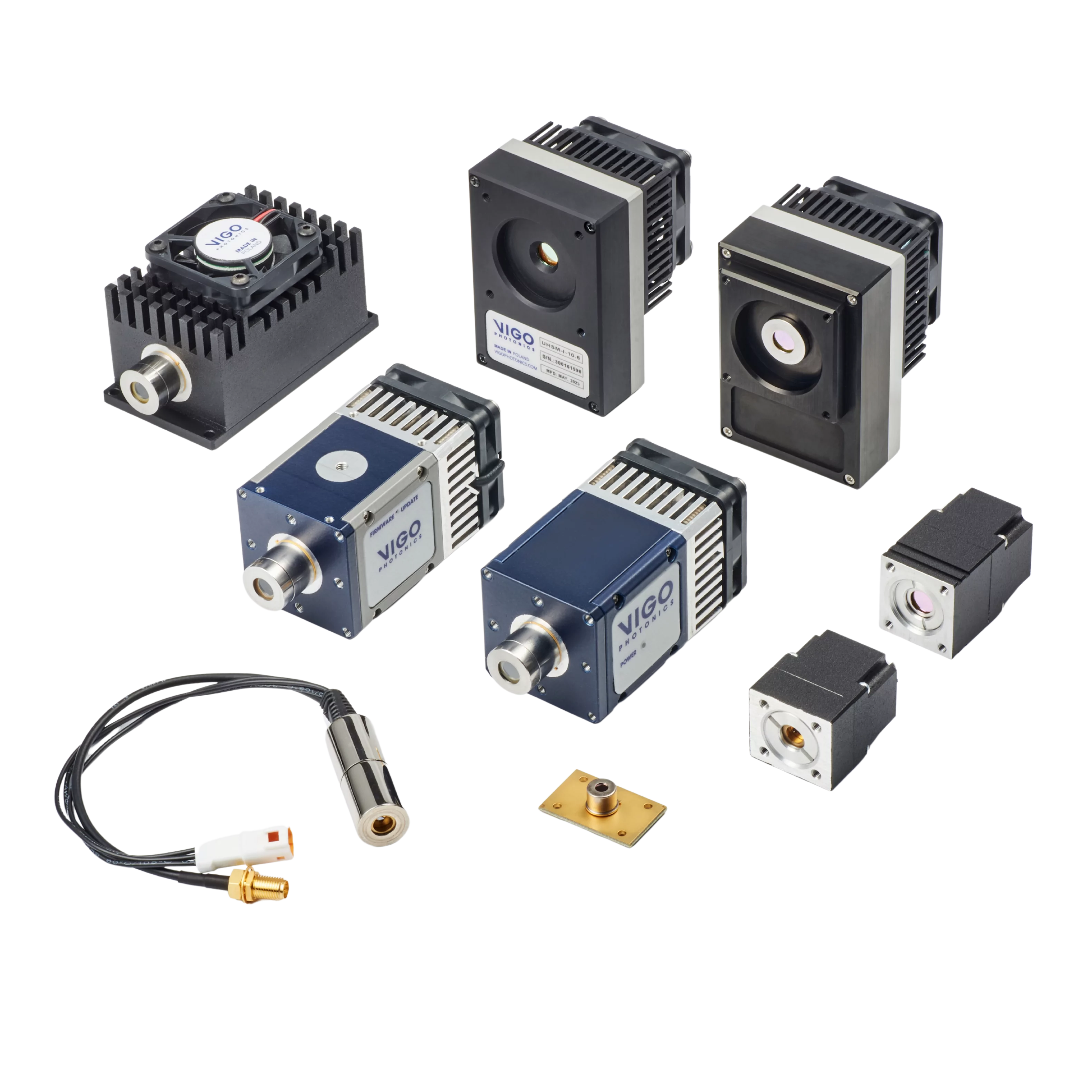 A collection of various infrared detector modules and arranged on a white background. The image includes detector modules in different sizes and shapes, with some cables and connectors. Each device displays labels and manufacturer's logos.