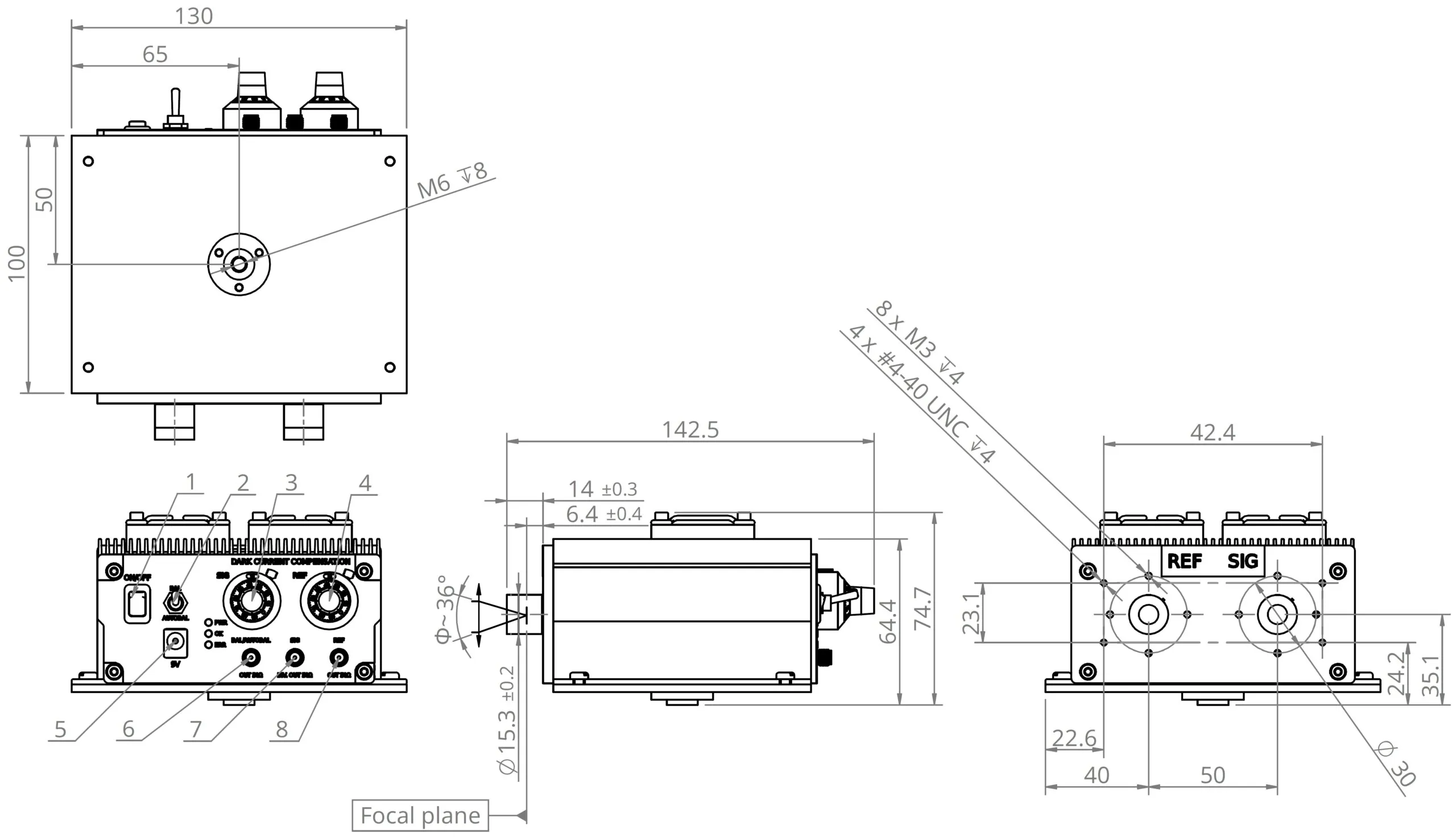 Technical drawing of an electronic device showing front, side, top, and rear views with detailed dimensions, connector labels (REF, SIG), mounting hole positions, and component outlines.