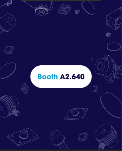 Dark blue background with outlined technical drawings of mechanical parts. Centered white rounded rectangle contains the text Booth A2.640 in blue and black font.