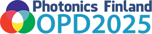 Logo for Photonics Finland OPD 2025, featuring overlapping colored circles (blue, red, green, yellow) and bold blue text on a transparent background.