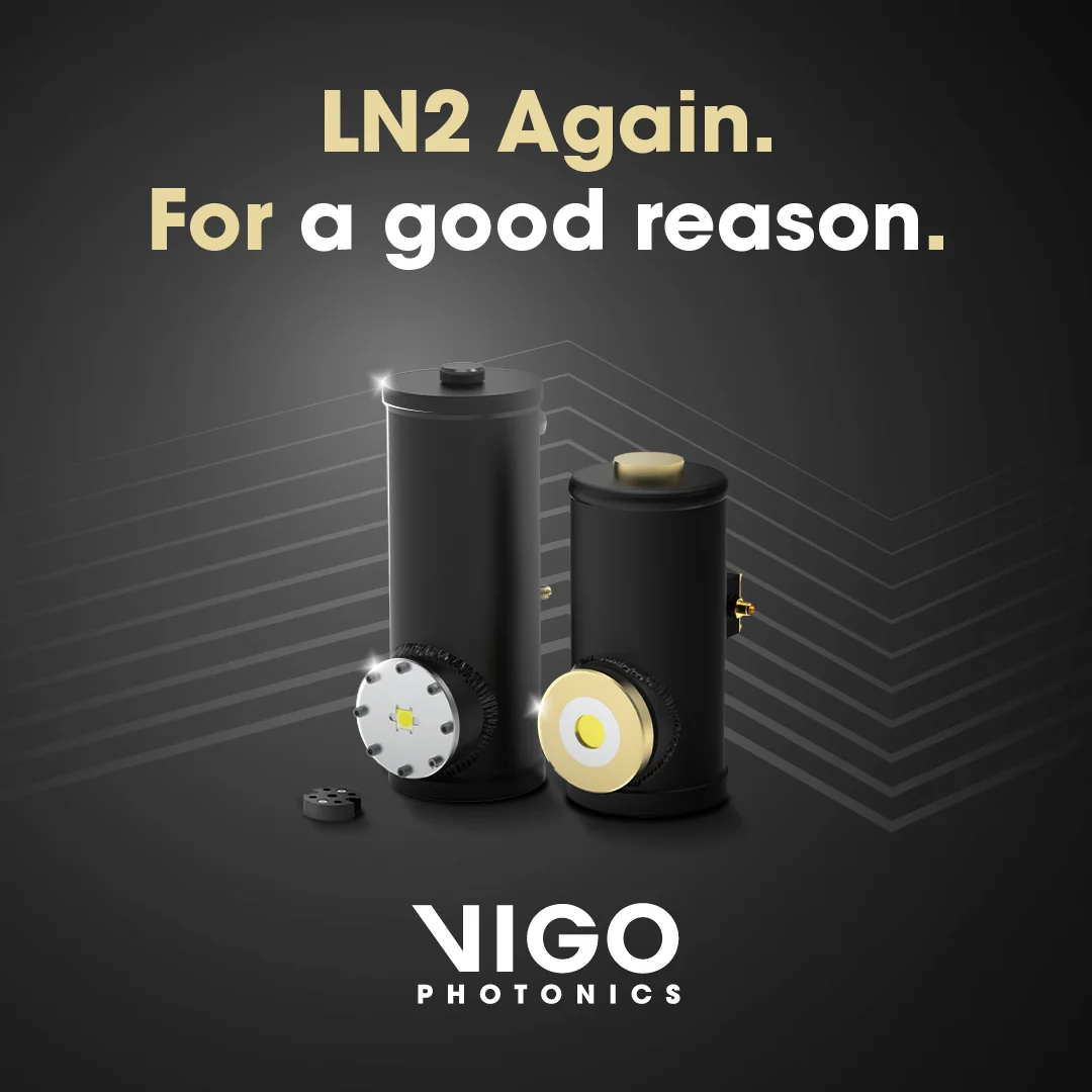 Two cylindrical devices with metallic and gold accents are displayed on a dark background with geometric lines. Text above reads, LN2 Again. For a good reason. The VIGO Photonics logo appears at the bottom.