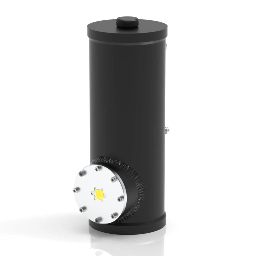 A cylindrical black metal tank with a round flat top and bottom, and a silver circular flange attached to the side near the base, standing vertically on a white background.