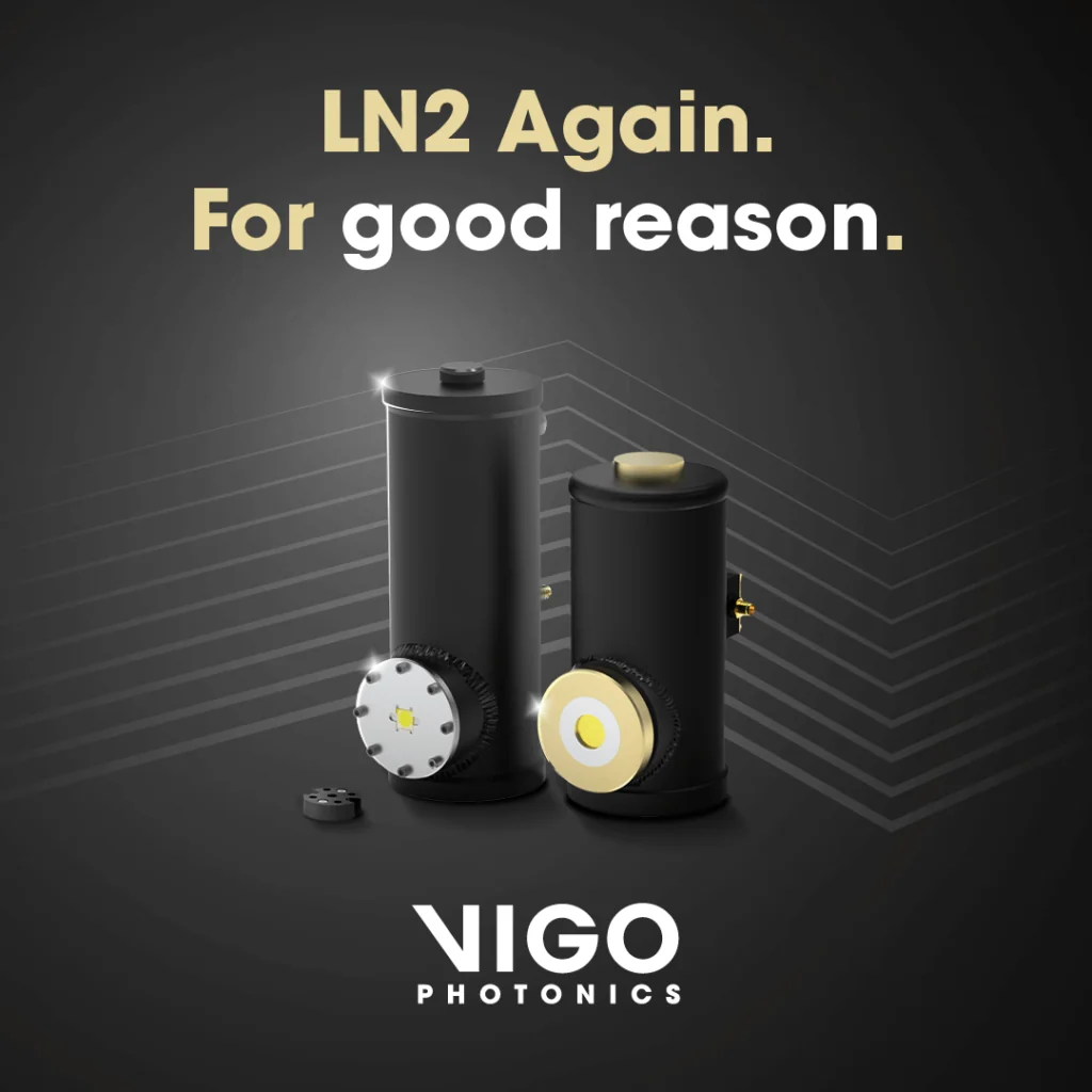 Two cylindrical, metallic devices with gold and silver accents are displayed on a dark background. Above them, bold text reads, LN2 Again. For good reason. The VIGO Photonics logo appears at the bottom.