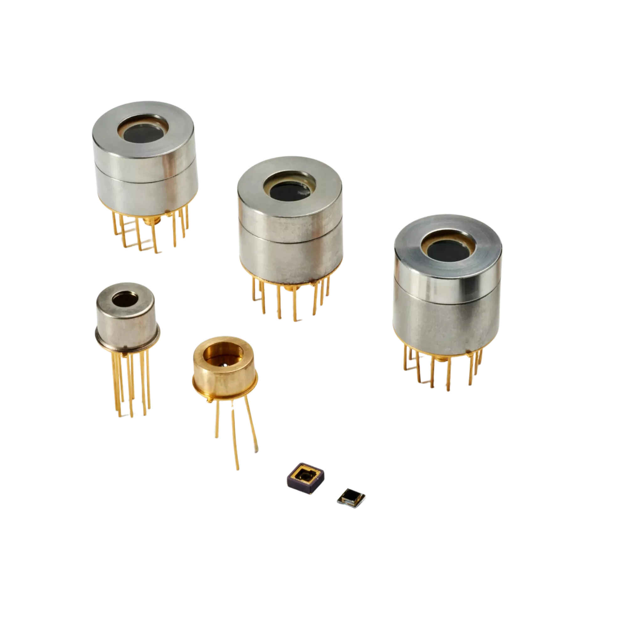 Five metal electronic components with gold pins are arranged in two rows on a white background, along with two small, flat microchips placed at the front.