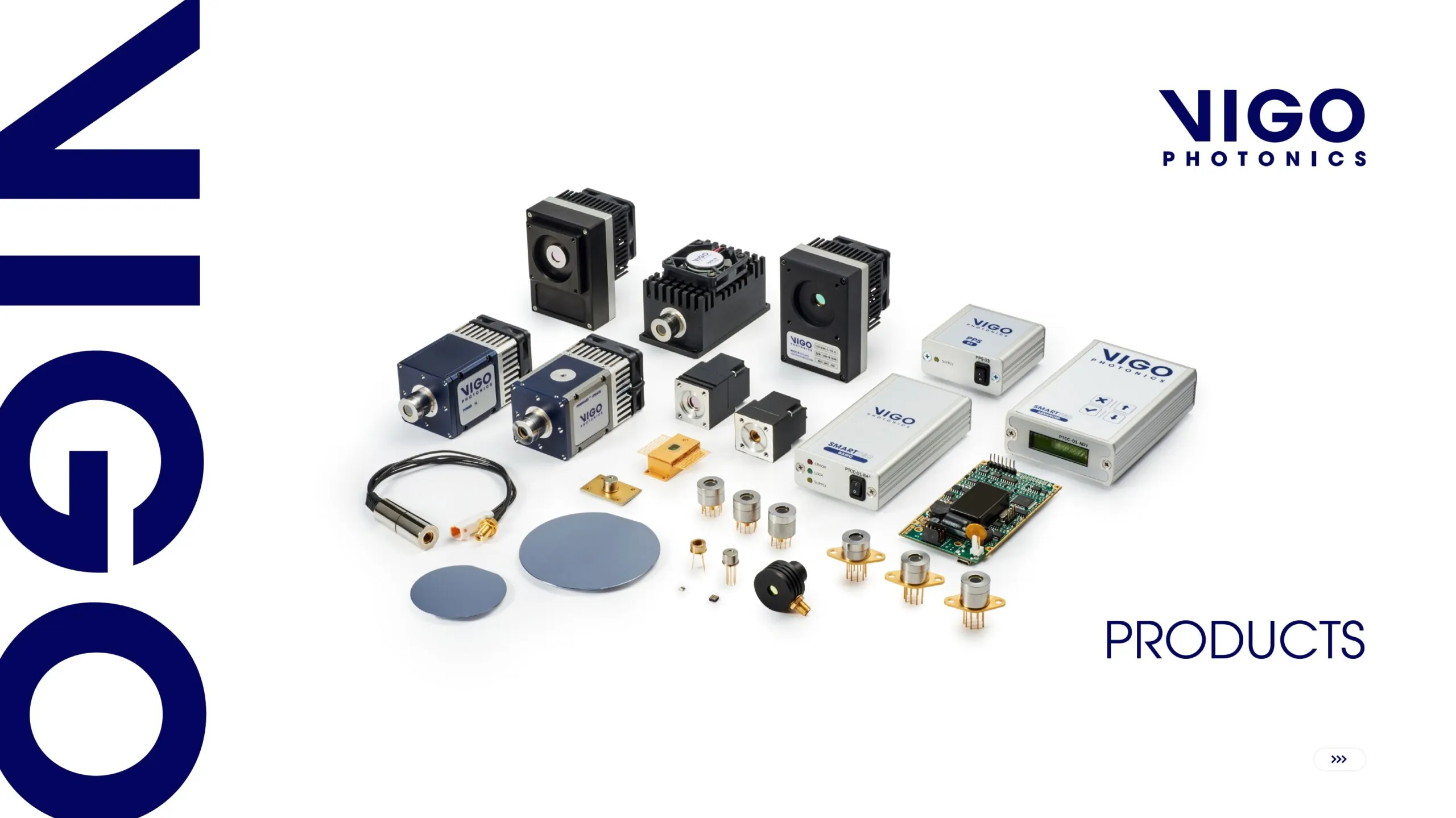 A variety of VIGO Photonics electronic and optical components, including sensors, modules, circuit boards, and lenses, are displayed on a white background with the VIGO Photonics logo and the word PRODUCTS.