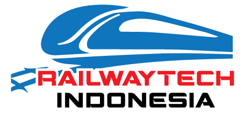 Logo featuring a stylized blue high-speed train above the bold red text RAILWAYTECH. Blue rails appear to the left, underlining the company name.
