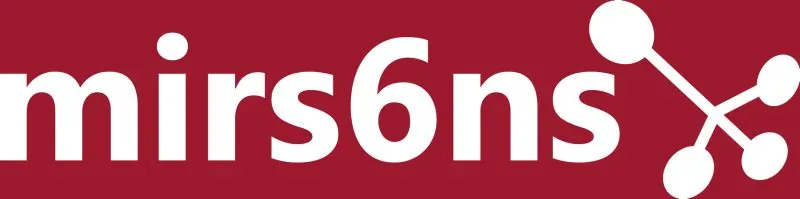White text on a dark red background spells mirs6ns with a stylized molecule graphic to the right of the text.