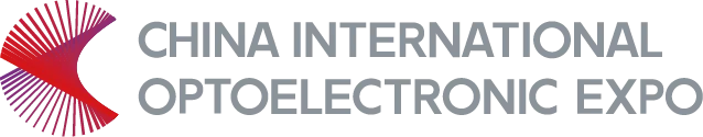 Logo for the China International Optoelectronic Expo, featuring a stylized red and purple arc design on the left and the event name in gray uppercase letters on the right.