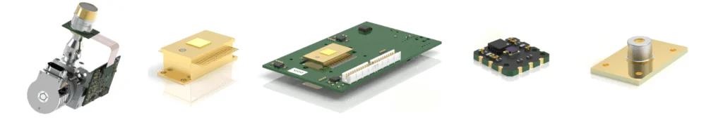 Five different types of laser and photonic modules and circuit boards, each with distinct shapes and components, arranged in a row against a white background.