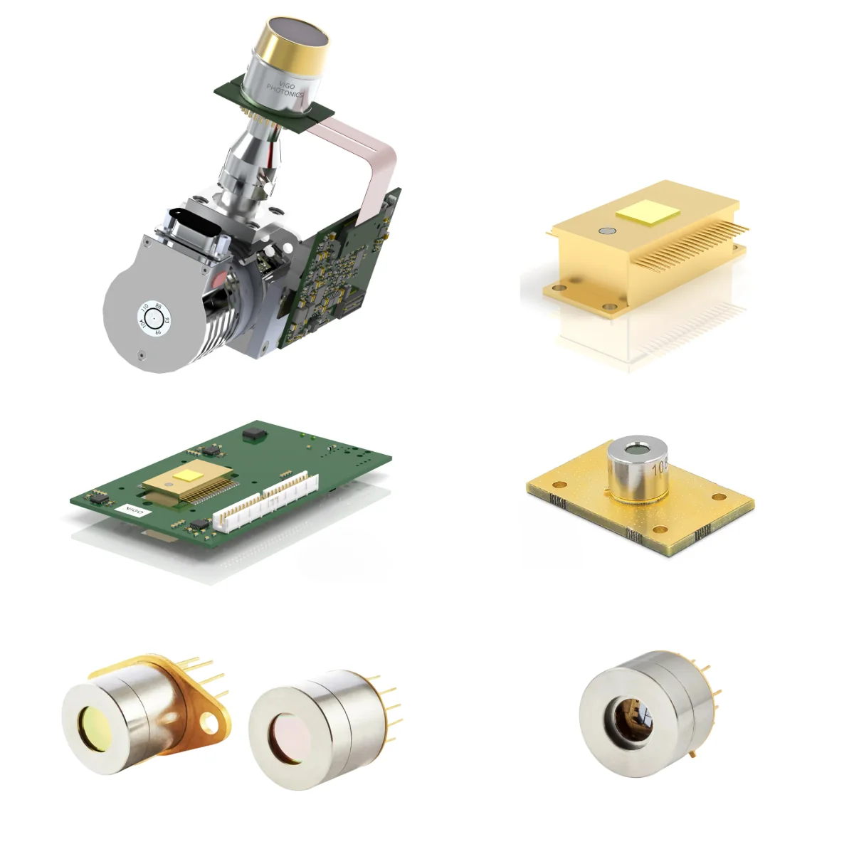 A collage of various infrared sensor components and modules, including circuit boards, cylindrical sensors with gold and silver contacts, and rectangular sensor units with metallic housings, displayed on a white background.