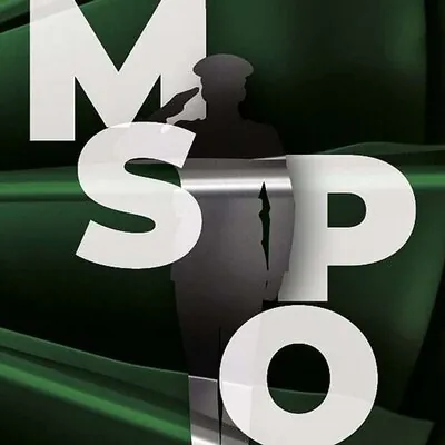 A silhouette of a saluting soldier stands in front of a dark green background, with large white letters M, S, P, and O overlapping the figure.