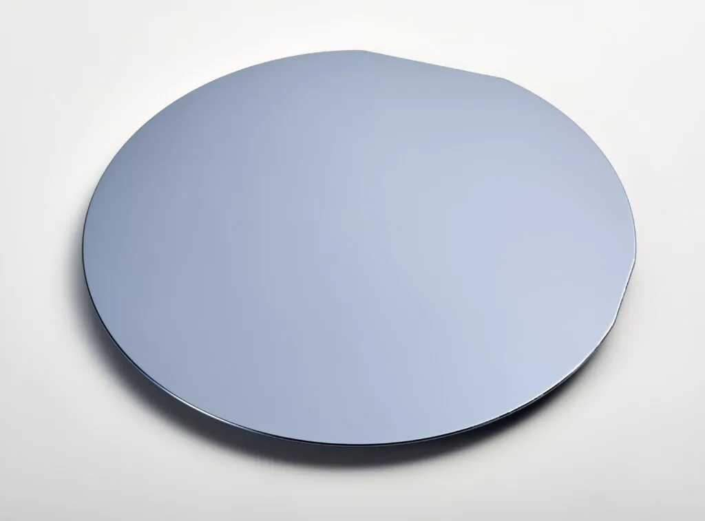 A smooth, round, flat silicon wafer with a reflective surface and a small notch on one edge, placed on a white background.