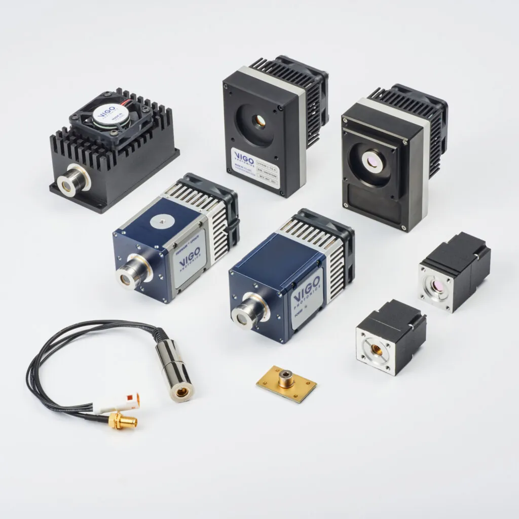 A variety of infrared sensor modules, detectors, and electronic components, including cables and mounting plates, arranged on a white background.