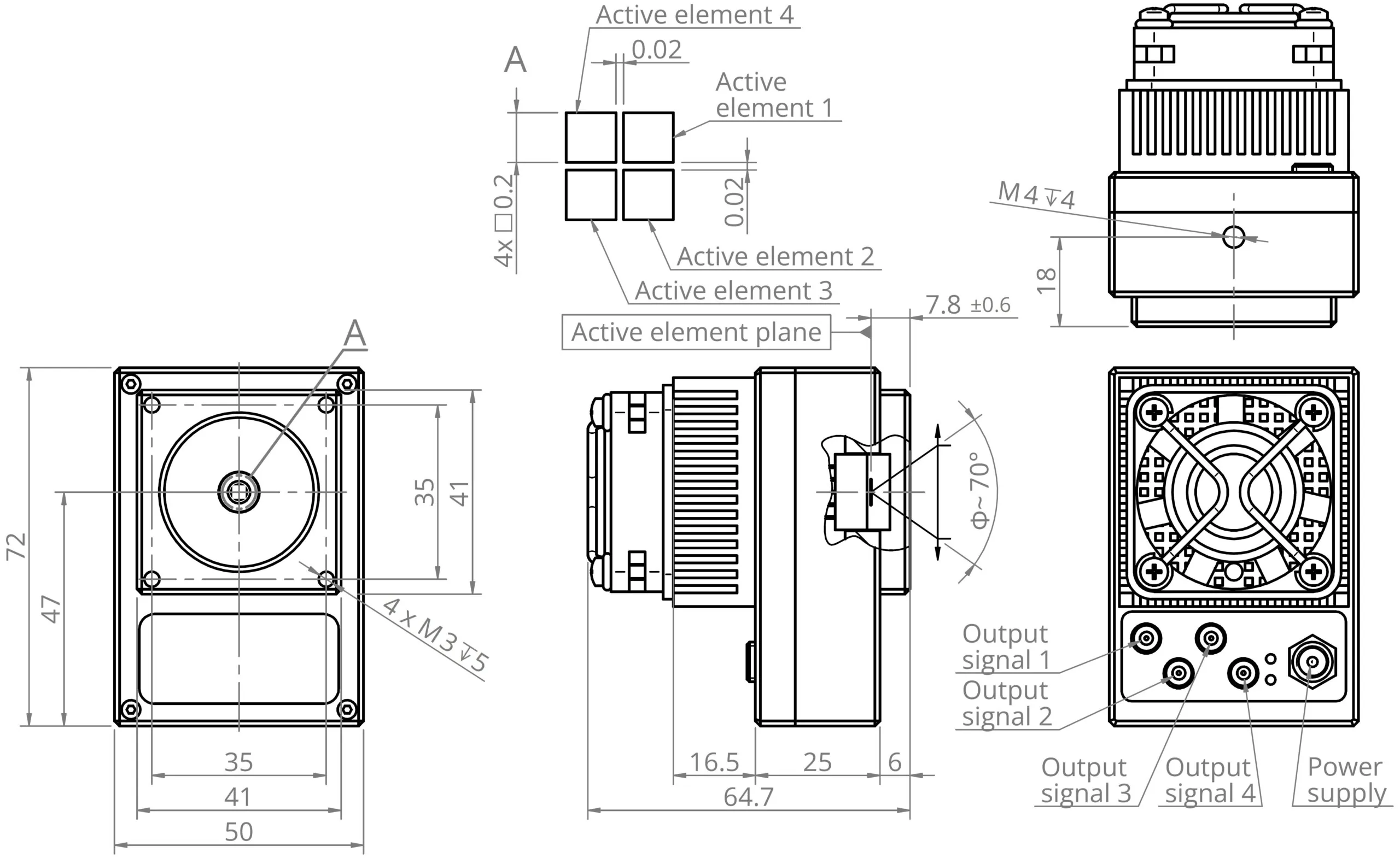 Technical drawing of an electronic device with multiple views, showing detailed dimensions, labels for active elements, output signals, power supply, mounting holes, and various measurements in millimeters.