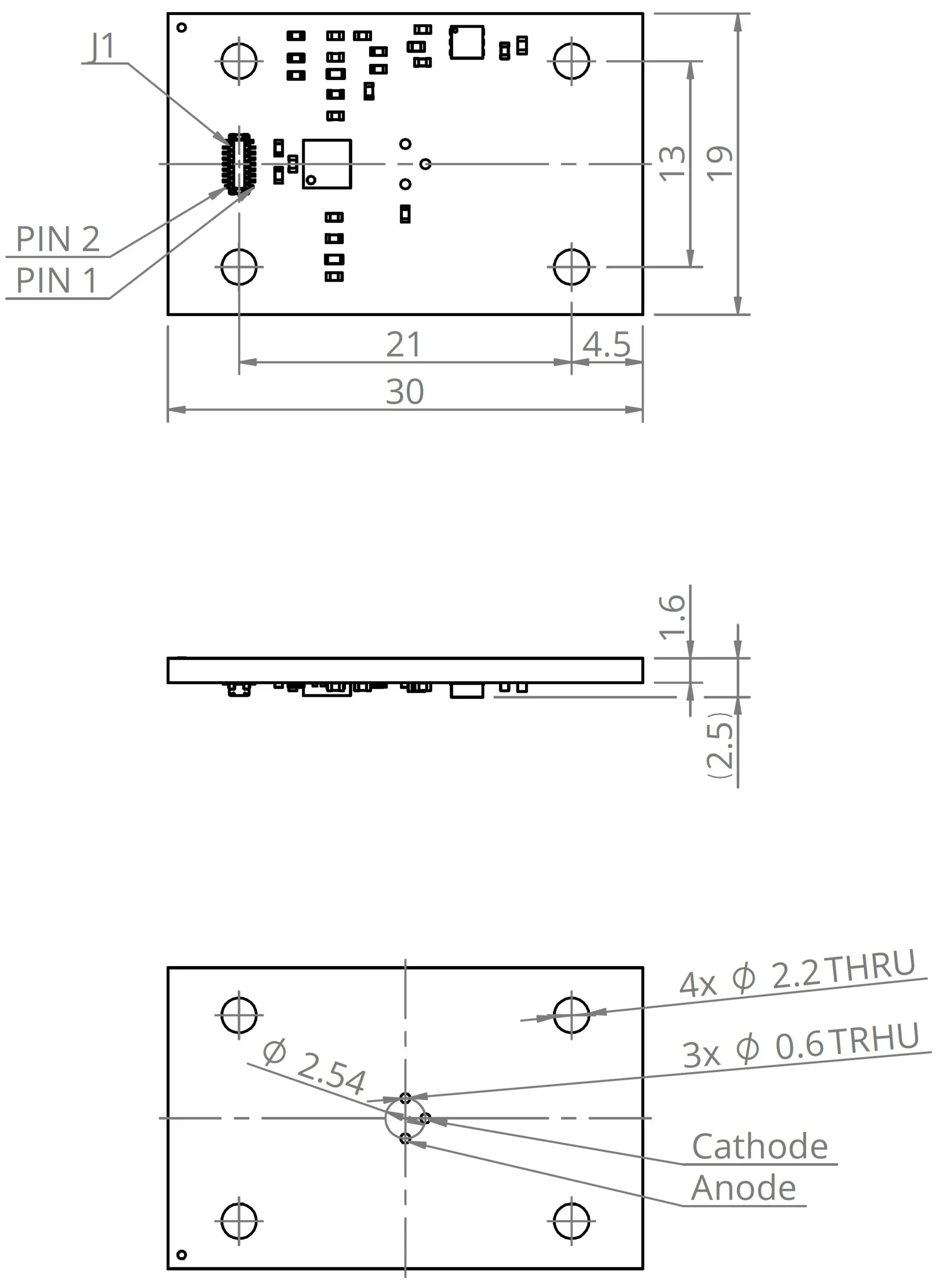 Technical drawing of an electronic circuit board showing top, side, and bottom views, with labeled dimensions, mounting holes, connector J1 with PIN 1 and PIN 2, and anode/cathode positions indicated.