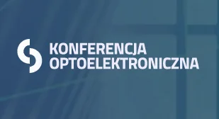 White logo and bold text “Konferencja Optoelektroniczna” in Polish appear on a blue background with faint diagonal lines and window reflections.